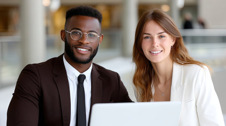 A business partners smiling while reviewing project details on laptop in modern office environment, showcasing teamwork and collaboration. their expressions reflect confidence and positivityの素材