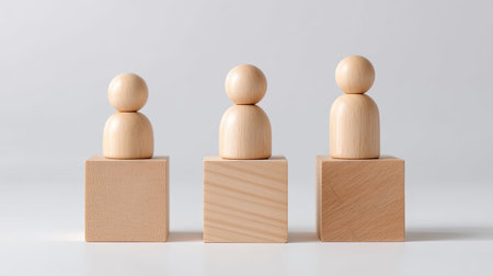 A wooden figures on blocks symbolize business growth and teamwork, showcasing three distinct shapes that represent collaboration and progress in minimalist styleの素材
