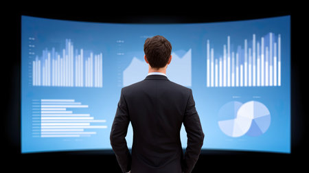A businessman standing in front of digital screen displaying various graphs and charts, analyzing data trends and insights. atmosphere is professional and focusedの素材