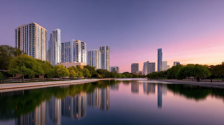 A stunning city skyline featuring high rise towers reflecting in calm body of water during sunset, with vibrant colors illuminating scene. lush greenery adds serene touch to urban landscapeの素材