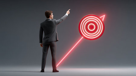 An achieving business success visualization, man in suit points towards glowing target symbolizing goals and aspirations. this conveys determination and focus in professional settingの素材