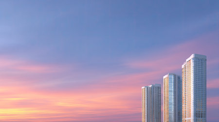 A modern city towers stand tall against vibrant sunset sky, showcasing blend of architectural elegance and natural beauty. last rays of sunlight create stunning backdropの素材