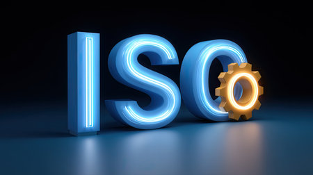 An iso certification logo design with clean, futuristic style featuring glowing blue letters and golden gear. this represents quality assurance and standardization in various industriesの素材