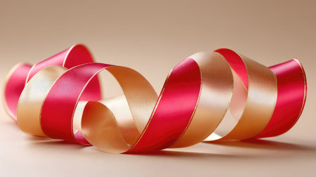 A closeup of red and gold christmas ribbon, showcasing its elegant curves and smooth texture, perfect for festive decorations and gift wrapping. vibrant colors evoke joyful holiday spiritの素材