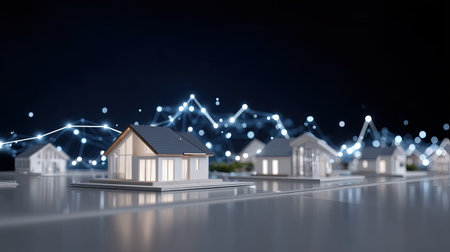 A digital model of houses with glowing data visualization in background, showcasing property information and technology integration. this evokes sense of innovation and modernity in real estateの素材