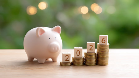 A closeup shot of piggy bank next to stacks of coins and number blocks representing year 2026, symbolizing savings and financial planningの素材