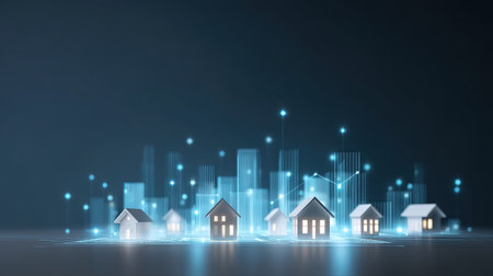 A digital real estate model showcasing futuristic homes with glowing elements, representing investment opportunities and market growth in property sectorの素材