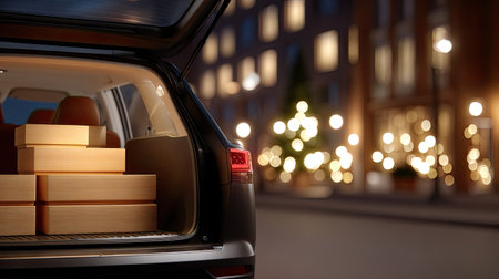 A car trunk is open, revealing stacked wooden boxes inside, with softly lit urban background featuring blurred lights and festive atmosphere. scene evokes sense of anticipation and warmthの素材