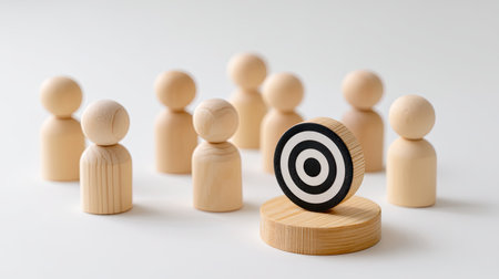 An achieving business goals is represented by target surrounded by wooden figures, symbolizing teamwork and focus. this conveys sense of collaboration and determinationの素材
