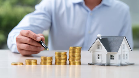 An investing in real estate can be rewarding venture, as depicted by businessman stacking coins beside house model, symbolizing growth and financial planningの素材