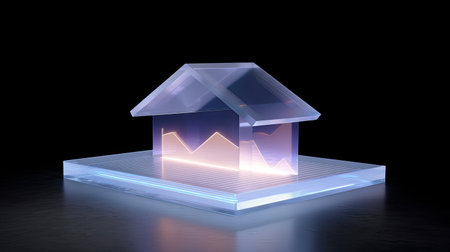 A digital hologram of house representing property data and analytics, showcasing modern technology and innovation in real estate. design emphasizes clarity and futuristic aestheticsの素材