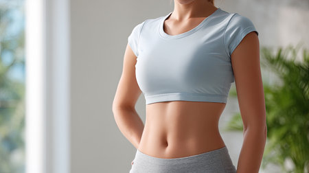 An athletic woman in light blue crop top showcasing flat belly, standing confidently in bright indoor space with greenery in backgroundの素材