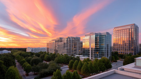 A modern corporate office towers reflect vibrant colors of sunset, surrounded by lush greenery and serene atmosphere. scene captures beauty of urban architecture against stunning skyの素材