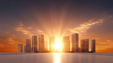 A golden sun setting behind cluster of city towers, casting warm light across skyline. vibrant colors of sunset create stunning backdrop, evoking sense of tranquility and beautyの素材