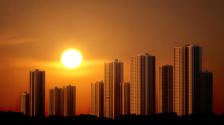 A golden sun setting behind cluster of city towers, casting warm glow over skyline. silhouettes of modern buildings create striking contrast against vibrant skyの素材