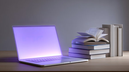 A modern home office setup featuring glowing laptop and stack of books, creating serene and productive atmosphere for work or study. soft light from laptop enhances calming environmentの素材