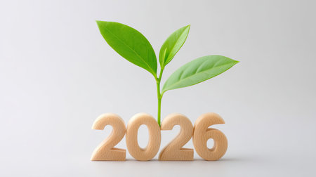A green plant sprouting next to wooden numbers symbolizes growth and new beginnings for year 2026. this evokes sense of hope and renewalの素材