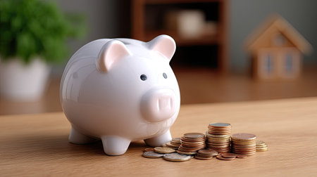 A white piggy bank shaped like house sits beside pile of coins on wooden table, symbolizing savings and financial planning. scene conveys sense of security and prosperityの素材