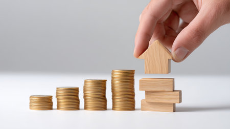 A building financial future with wooden blocks and coins symbolizes investment and growth. hand places house shaped block atop stack, representing stability and progressの素材