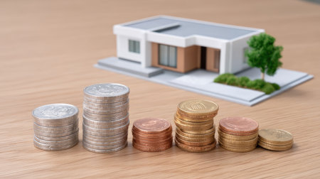 A miniature house model is placed behind stacks of coins, showcasing various denominations. arrangement of coins symbolizes financial planning and investment in real estateの素材