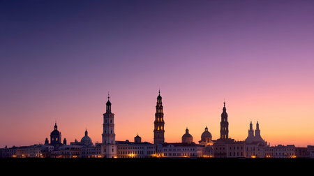 A stunning skyline featuring historic towers silhouetted against vibrant purple and orange sunset, creating serene and picturesque atmosphereの素材