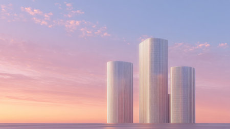 A three iconic towers rise majestically against warm evening hue, reflecting soft colors of sky, creating serene and tranquil atmosphereの素材