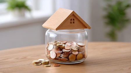 A house shaped piggy bank filled with coins sits on wooden table, symbolizing savings and financial growth. clear jar showcases various coins, creating sense of prosperity and securityの素材