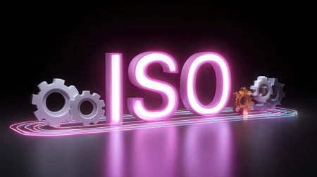An iso certification concept with digital gears, showcasing modern technology and quality assurance. vibrant colors and sleek design evoke sense of innovation and reliabilityの素材