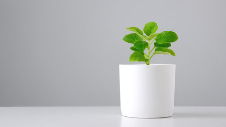 A healthy young green plant in modern white pot, symbolizing growth and freshness, stands against minimalist gray background, creating serene and calming atmosphereの素材