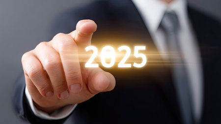 A man in formal suit is touching glowing number 2025, symbolizing progress and future aspirations. image conveys sense of optimism and forward thinkingの素材