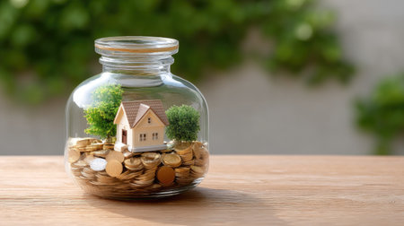 A miniature house is placed inside glass jar filled with coins, symbolizing savings and investment in real estate. scene evokes sense of financial growth and securityの素材