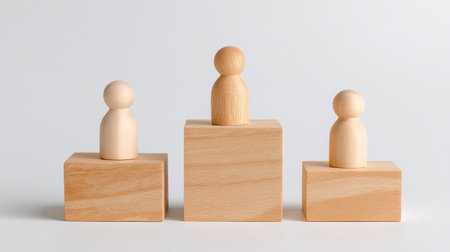 A wooden figures on blocks symbolize leadership and growth, showcasing concept of progression and development in minimalist style. natural wood texture adds warmth and simplicityの素材