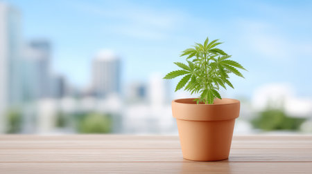 A healthy young green plant in terracotta pot sits on wooden surface, with blurred cityscape in background, evoking sense of tranquility and growthの素材