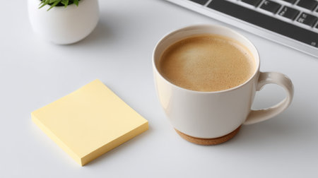 A minimalist desktop scene featuring coffee cup, sticky note pad, and keyboard. warm coffee invites cozy atmosphere, perfect for productivity and creativityの素材