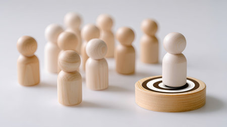 A leadership and goal focus concept with wooden figures representing teamwork and guidance. central figure stands out, symbolizing direction and inspiration for groupの素材