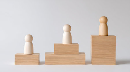 A leadership and growth concept with three wooden figures on blocks, symbolizing progress and achievement. minimalist design evokes sense of calm and focusの素材