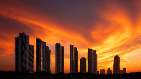 A majestic silhouette of modern skyscrapers against vibrant sunset sky, showcasing beauty of urban architecture and nature colors. scene evokes sense of awe and tranquilityの素材