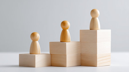 A leadership and growth concept with three wooden figures on blocks, symbolizing progress and achievement. arrangement reflects teamwork and development in minimalist styleの素材