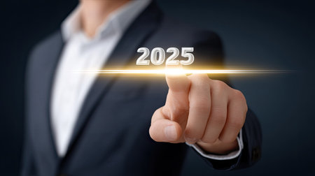 A businessman in formal attire pointing at glowing year 2025, symbolizing future goals and aspirations. image conveys sense of ambition and forward thinkingの素材