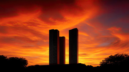 A majestic silhouette of modern skyscraper towers against vibrant sunset sky, showcasing dramatic colors and architectural beauty. scene evokes sense of awe and tranquilityの素材