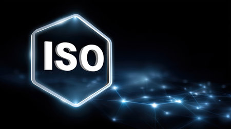 An iso certification icon glowing in digital environment, representing quality and standards in technology and business. modern design emphasizes innovation and reliabilityの素材
