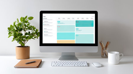 A minimalist workspace with computer monitor, plant, notebook, and coffee cup, creating serene and organized environment for productivity and creativityの素材