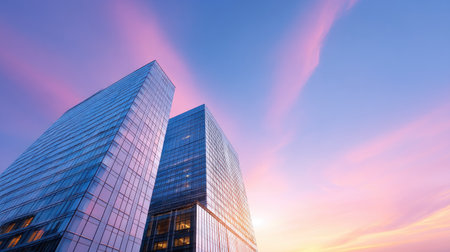 A modern glass towers reflect stunning crimson sunset, showcasing sleek architecture against vibrant sky. scene evokes sense of tranquility and beauty in urban designの素材