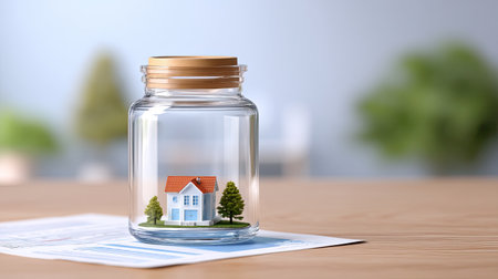 A decorative jar containing miniature house and trees symbolizes saving for home. this evokes feelings of aspiration and financial planning, highlighting importance of savingの素材