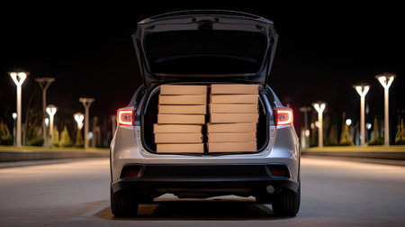 An open car trunk filled with stacked pizza boxes, illuminated by streetlights at night, creating vibrant urban atmosphere. scene evokes sense of excitement and anticipationの素材