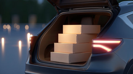 An image features car trunk with stacked cardboard boxes, illuminated softly in nighttime setting, creating cozy and inviting atmosphereの素材