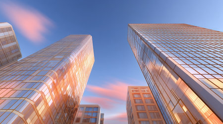 A modern office towers reflect warm sunset tones against vibrant sky, showcasing sleek architecture and glass facades. scene evokes sense of tranquility and urban beautyの素材