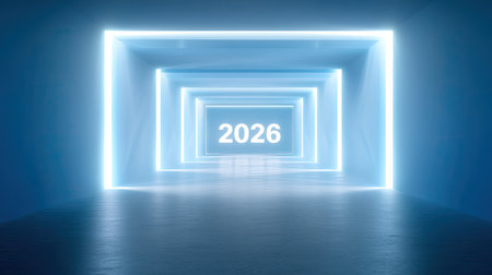A futuristic tunnel illuminated with neon blue lights, leading towards year 2026, creates sense of anticipation and innovation. sleek design and glowing edges evoke modern aestheticの素材