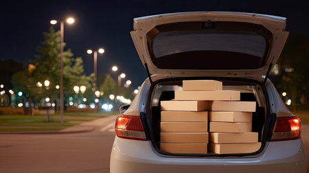 A car trunk is open at night, revealing stacked boxes inside. scene is illuminated by streetlights, creating calm and organized atmosphereの素材