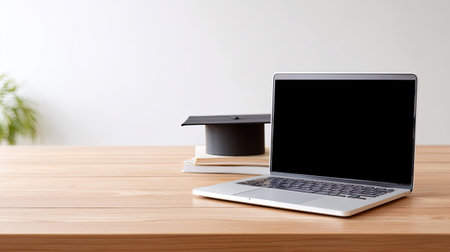 A modern desk featuring digital education setup with laptop, graduation cap, and books, creating inspiring study environment for learning and growthの素材